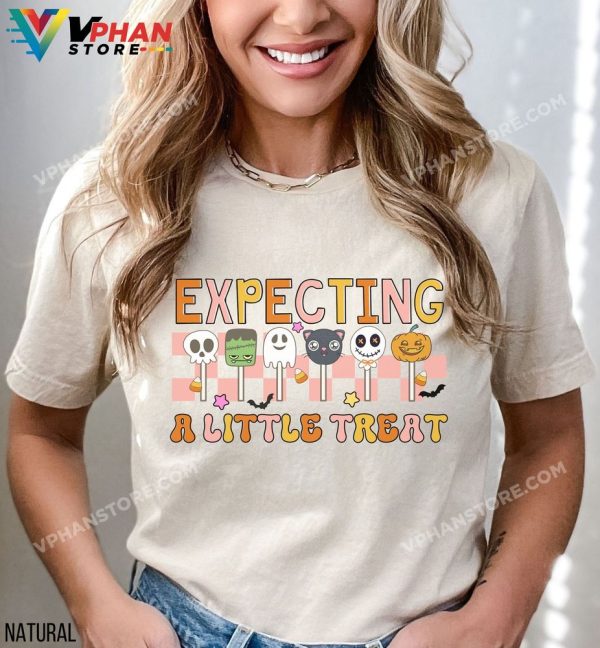 Expecting A Little Treat Halloween Maternity Shirt Pregnancy Announcement Baby Reveal Gender New Member Tee