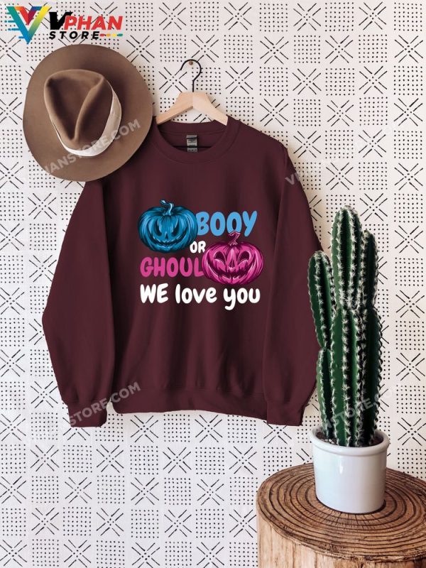 Funny Gender Reveal Outfit Booy Or Ghoul We Love You Cute Baby Announcement Gift Halloween Gender Reveal Couples Sweater