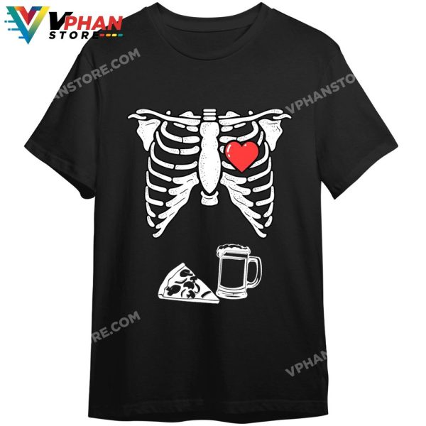 Funny Halloween Skeleton Beer Pizza Costume Party Support Pregnant Wife Matching T-Shirt