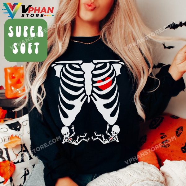 Halloween Twins Maternity Matching Couples Costumes Pregnancy Announcement Skeleton Sweatshirt