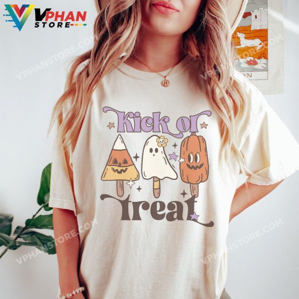 Kick Or Treat Funny Pumpkin Ghost Candy Corn Retro Halloween Pregnancy Announcement Fall Baby Shirt