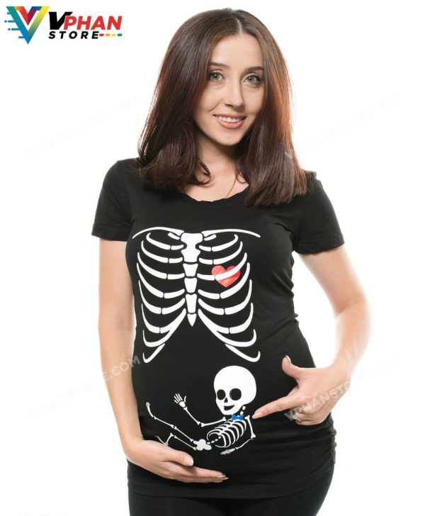 Skeleton X-ray Maternity Shirt Halloween Pregnancy Baby Boy Bow Tie T-Shirt