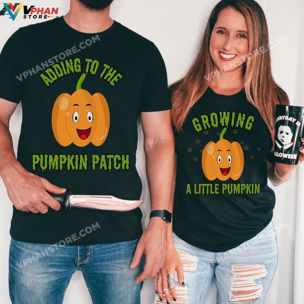 Adding To The Pumpkin Patch Halloween Couples Pregnancy Announcement Matching Outfit Mom To Be T-Shirt