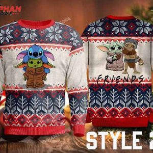 Baby Yoda Stitch And Friends Christmas Sweater With Variation 1