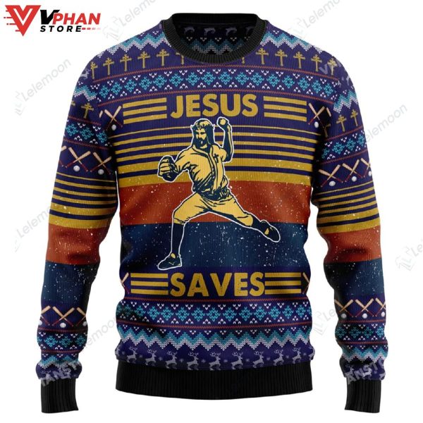 Baseball Jesus Save Ugly Vintage Retro Christmas Sweater