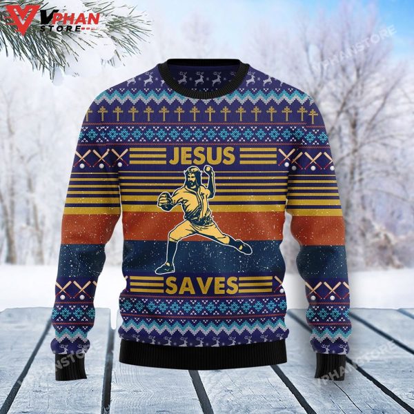 Baseball Jesus Save Ugly Occasion Christmas Holiday Sweater