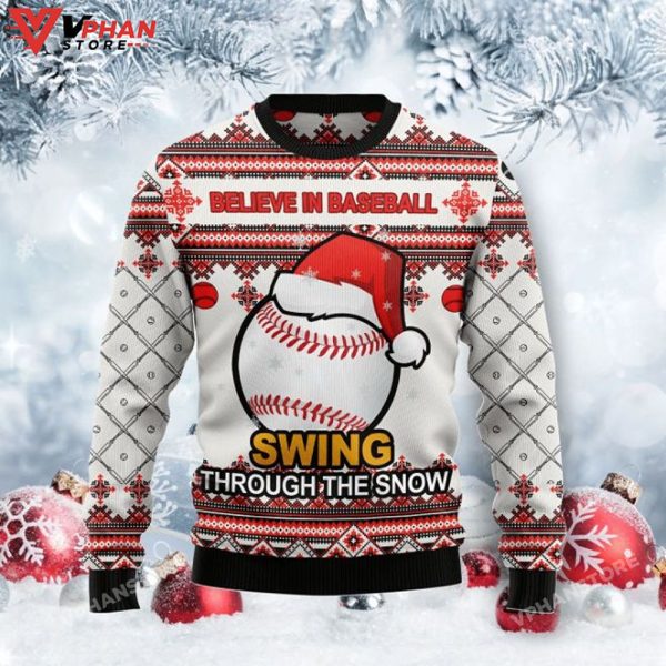 Baseball Swing Snow 3D Sweatshirt Ugly Christmas Sweater