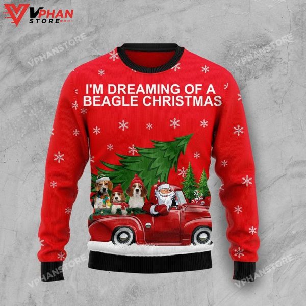 Beagle And Red Truck Ugly Christmas Sweater