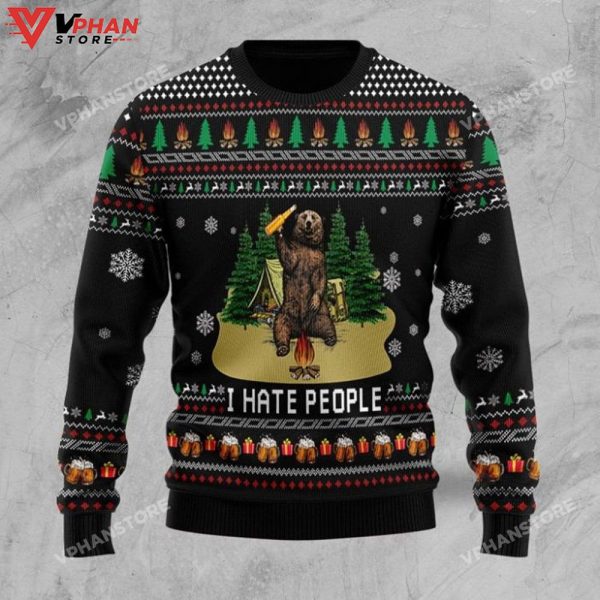 Bear Camping I Hate People Ugly Christmas Sweater