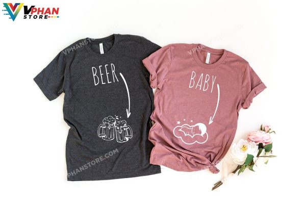 Beer Baby Couple Halloween Pregnancy Announcement T-Shirt Couples Pregnant Reveal Mom To Be Gift