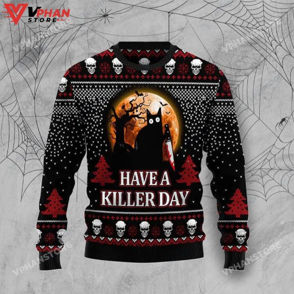 Have A Killer Day Black Cat Halloween Christmas Sweater