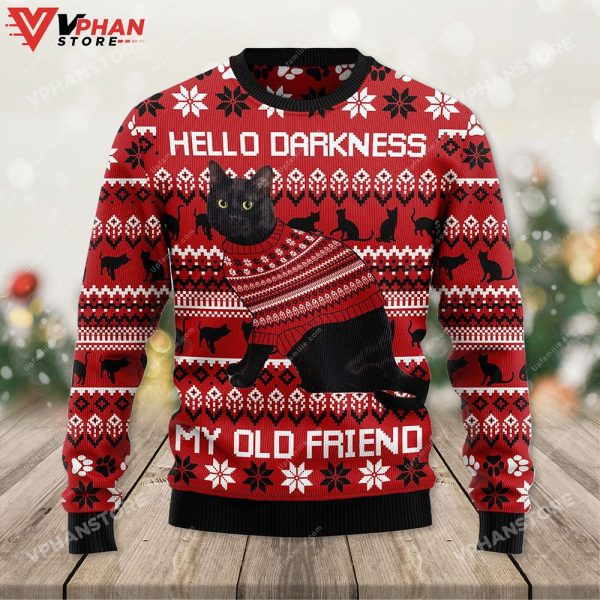 Black Cat Hello Darkness My Old Friend Ugliest Christmas Sweater