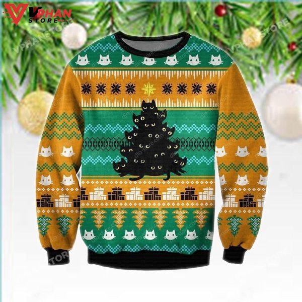 Black Cat Tree Meowy Orange Occasion Ugly Christmas Sweater