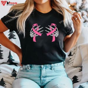 Boob Skeleton Hand On Breast Cancer Ribbon Halloween Womens T Shirt 1