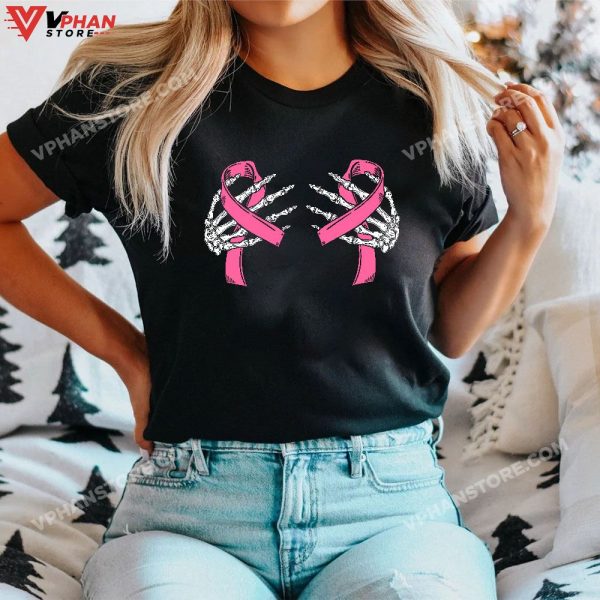 Boob Skeleton Hand On Breast Cancer Ribbon Halloween Womens T-Shirt