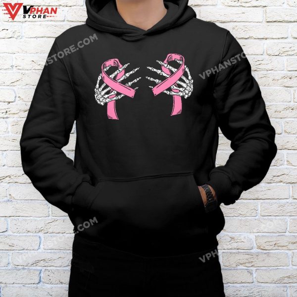 Boob Skeleton Hand On Breast Cancer Ribbon Halloween Womens T-Shirt