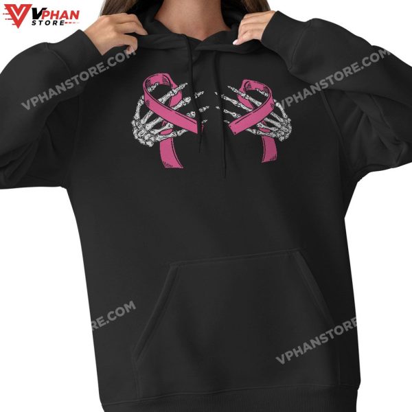 Boob Skeleton Hand On Breast Cancer Ribbon Halloween Womens T-Shirt