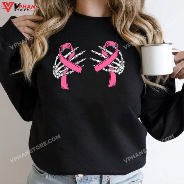 Boob Skeleton Hand On Breast Cancer Ribbon Halloween Womens T-Shirt