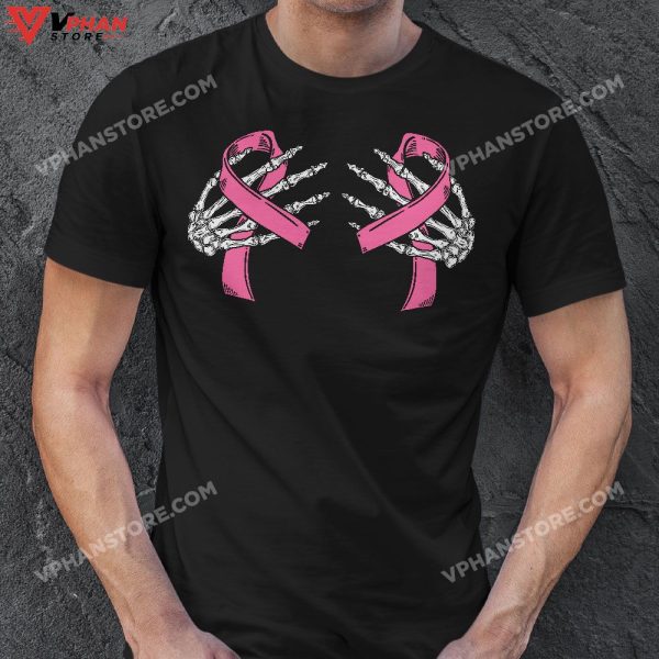 Boob Skeleton Hand On Breast Cancer Ribbon Halloween Womens T-Shirt