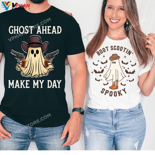 Boot Scootin Spooky Ghost Ahead Make My Day Funny Couples Halloween Costumes Couple Funny Matching Party T-Shirt