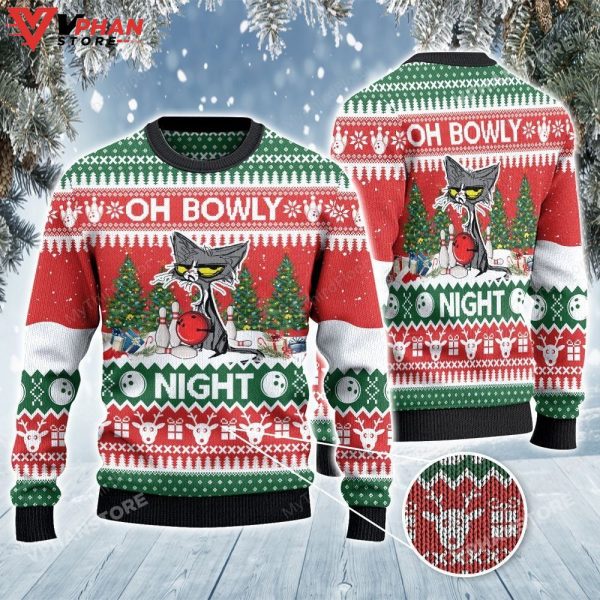 Bowling Lovers Gift Oh Bowly Night Grumpy Cat Ugly Christmas Sweater