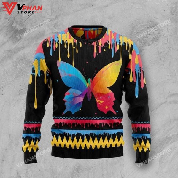 Butterfly Colorful Xmas Sweatshirt 3D Ugly Christmas Sweater