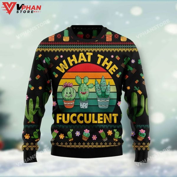 Cactus What The Fucculent 3D Xmas Ugly Christmas Sweater