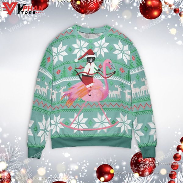 Cat And Flamingo Christmas Sweater, Cute Vintage Gifts