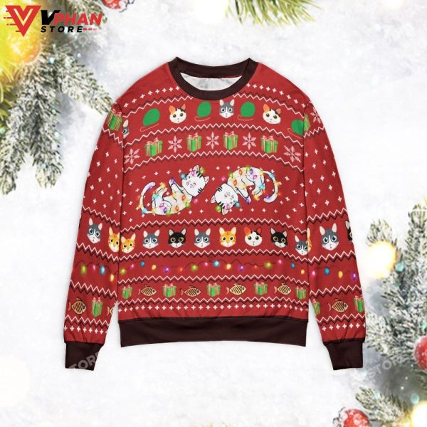 Cat Play With Christmas Led Sweater, Funny Cute Cat Costume