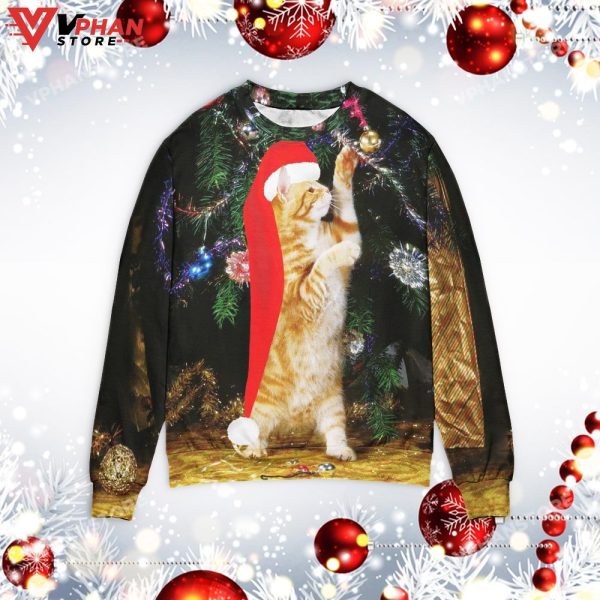 Cat Play With Christmas Tree Sweater, Cute Cat Sweater