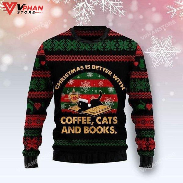 Christmas 3D Is Better With Coffee Cats And Books, Ugly Christmas Sweater