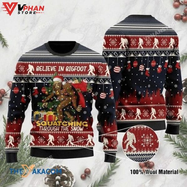 Patterns Believe In Bigfoot Squatching Through The Snow Christmas Sweater