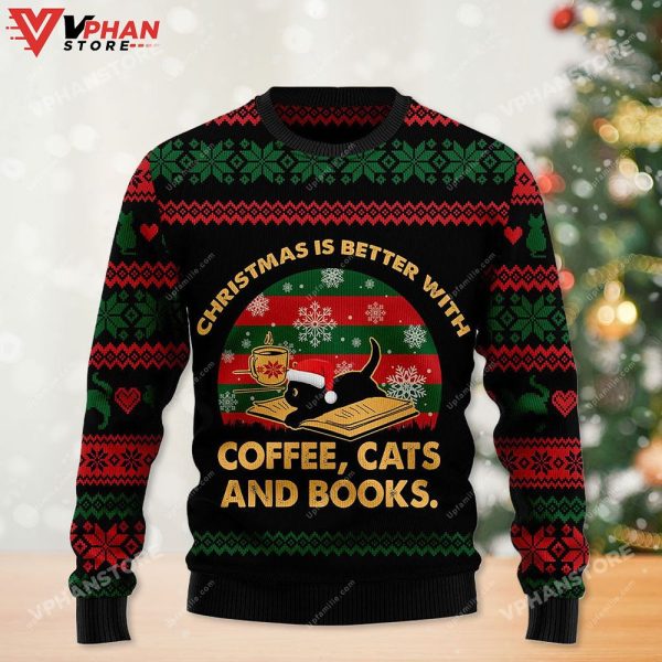 Christmas Is Better With Coffee Cat And Book Holiday Ugly  Sweater