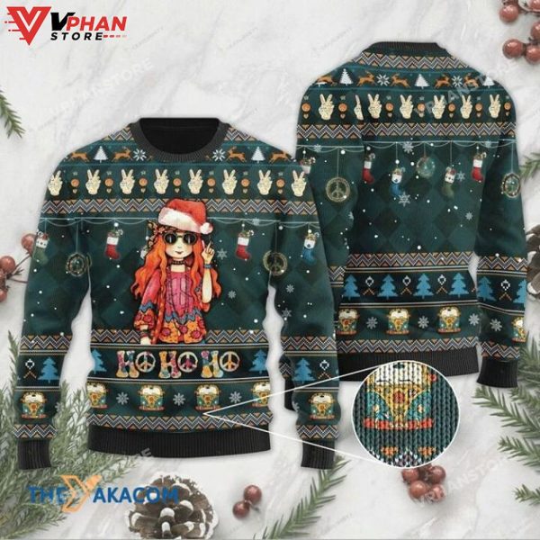 Patterns With Hippie Girl Ho Ho Ho 3D Ugly Christmas Sweater