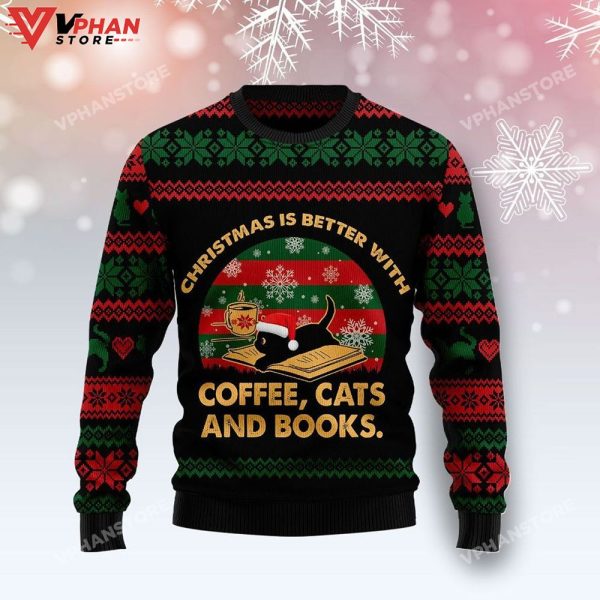 Ugly Christmas Sweater Better With Cat And Book