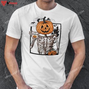 Coffee Drinking Pumpkin Head Skeleton Halloween Costumes T Shirt 1