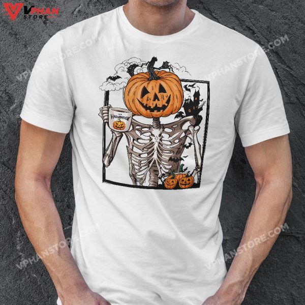 Coffee Drinking Pumpkin Head Skeleton Halloween Costumes T-Shirt