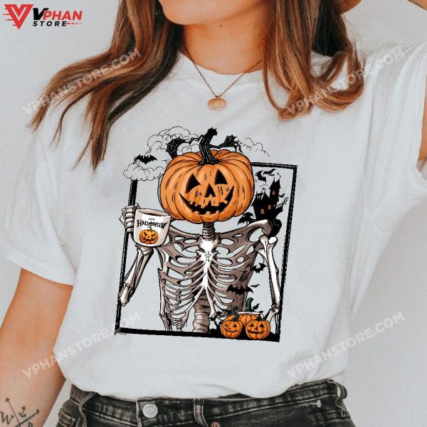 Coffee Drinking Pumpkin Head Skeleton Halloween Costumes T-Shirt