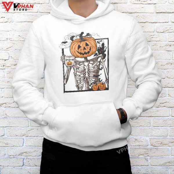 Coffee Drinking Pumpkin Head Skeleton Halloween Costumes T-Shirt