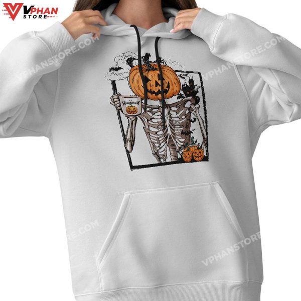 Coffee Drinking Pumpkin Head Skeleton Halloween Costumes T-Shirt