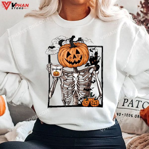 Coffee Drinking Pumpkin Head Skeleton Halloween Costumes T-Shirt