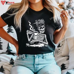 Coffee Drinking Skeleton Lazy DIY Halloween Costume Women T Shirt 1