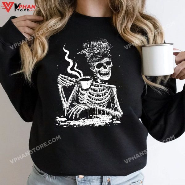 Coffee Drinking Skeleton Lazy DIY Halloween Costume Women T-Shirt