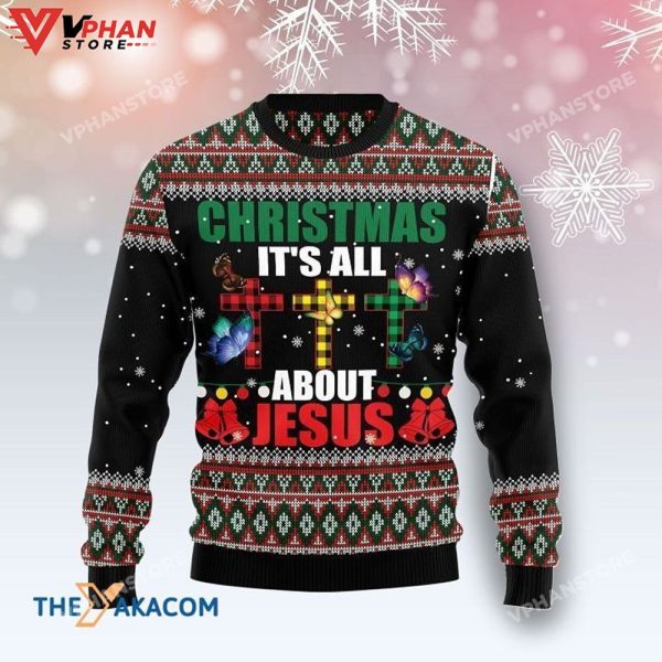 Colorful Crucifix Christmas It’s All About Jesus 3D Sweatshirt Christmas Sweater