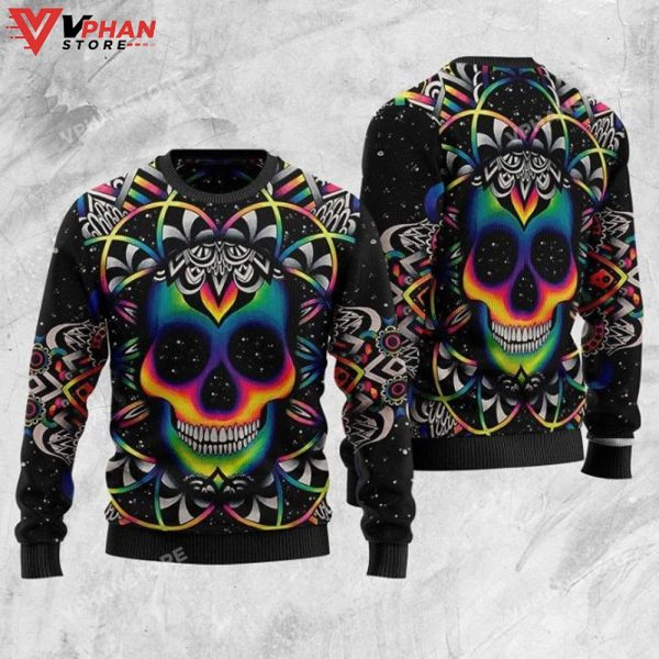 Colorful Holographic Skull Ugly Christmas Sweater 3D All Over Print