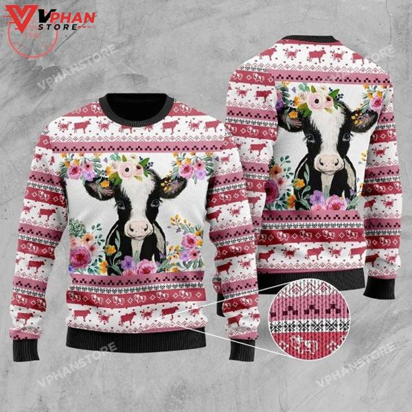 Cow And Pink Flowers Xmas 3D Sweatshirt Ugly Christmas Sweater