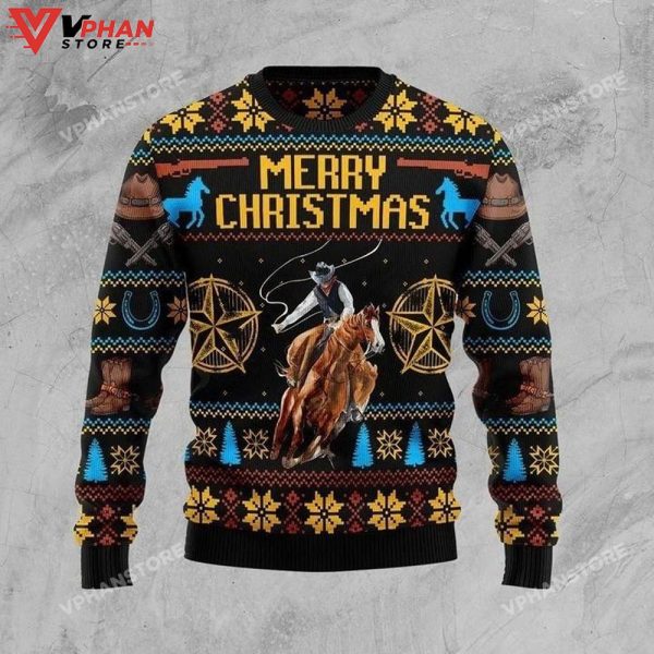 Cowboy Riding Horse Merry Christmas 3D Sweatshirt, Ugly Christmas Sweater