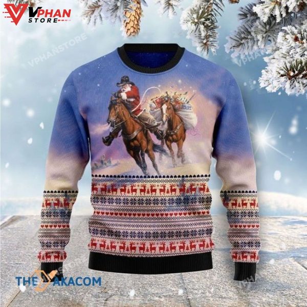 Cowboy Santa Claus Riding Horse Xmas 3D Sweatshirt Ugly Christmas Sweater