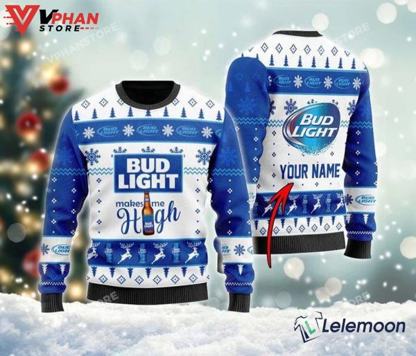 Bud Light Christmas Customized Name Ugly Sweater, Retro Christmas Costume