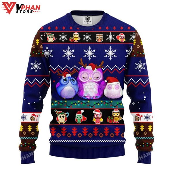 Cute Owl Night Noel Mc Ugly Christmas Sweater 3D Blue